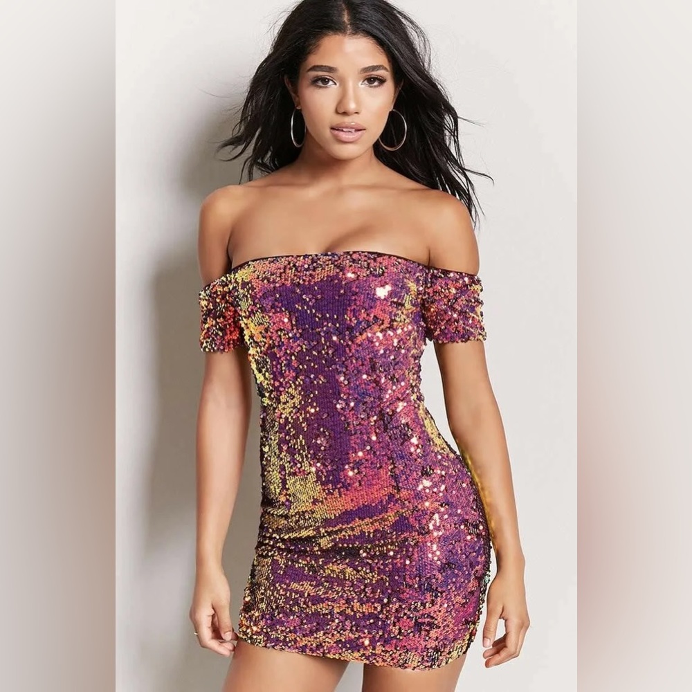 Colour changing Sequinned Off The Shoulder Party Dress size S